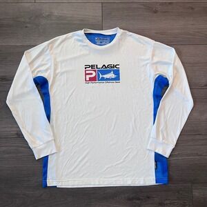 Pelagic AquaTek Pro Fishing Shirt Mens Small White Blue Long Sleeve Marlin Logo